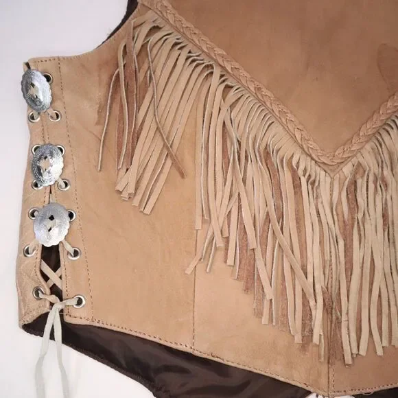 Unik Tan Leather Fringed Vest Size XXL Women's New Gauchos - Picture 12 of 16